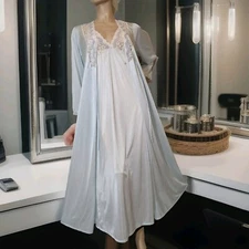 Vintage Nightgown and Robe Blue Nylon Nightgown Ivory Lace Peignoir Robe Set