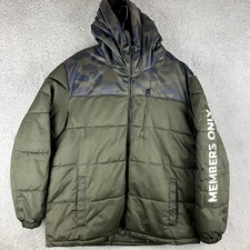 Members Only Puffer Coat Mens XL Green Camo Fleece Hooded Spell Out Heavy Jacket