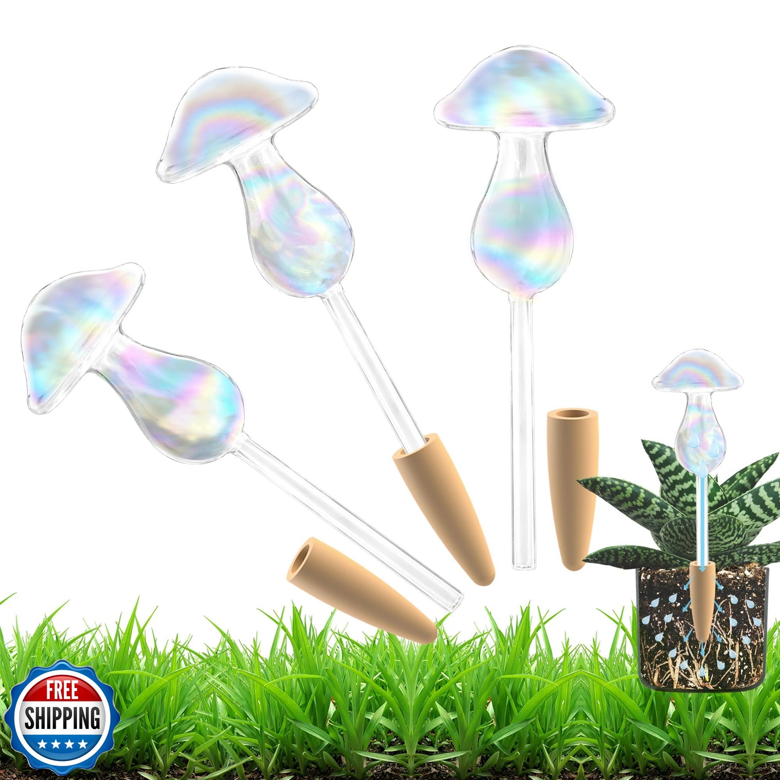 HyJeryty 3-Pack Iridescent Mushroom Watering Globes for Plants - No Clog