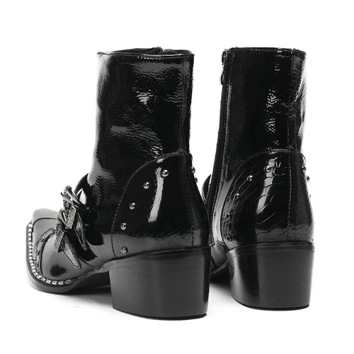 Men' S Black Leather Western Boots Motorcycle Boot Punk Rock Riveting Metal Toe - Bild 8 von 9