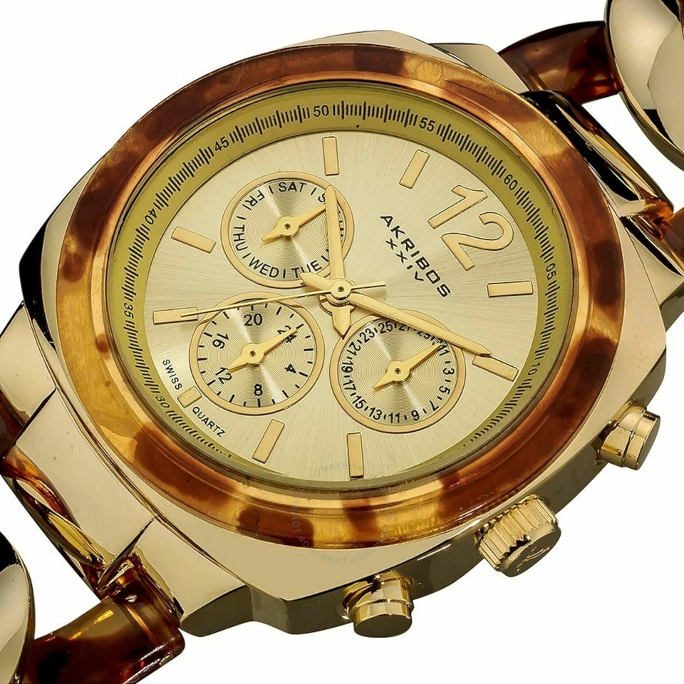 NUEVO Reloj Akribos AK641YG para mujer multifunción dorado/marrón cadena torcida Foto 2 de 4