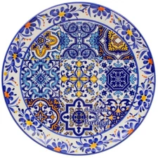 Portuguese Decorative Ceramic Plate – Azulejo Tile Center with Floral Border
