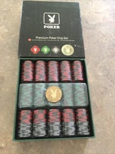 NEW In Plastic Playboy Premium Poker Set 300 Tournament Chips Gold Dealer Button