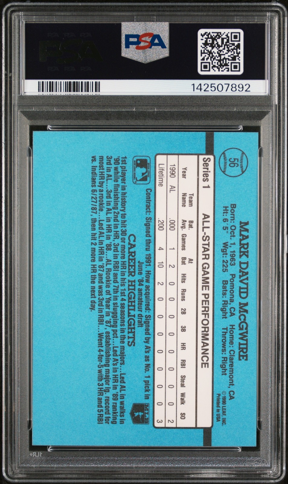 1991 DONRUSS #56 MARK MCGWIRE PSA 10 view 2