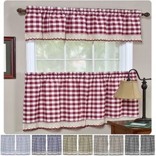 Window Curtain Tier Pair Valance 3PC Set Checked Plaid Gingham Kitchen Panel