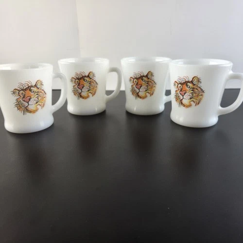 Vtg FIRE KING Anchor Hocking Esso Exxon Tiger  Milk Glass Coffee Mugs Set Of 4