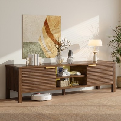60in Walnut LED TV Stand w/2 Sliding Doors & 2-Tier Open Shelves for Living Room