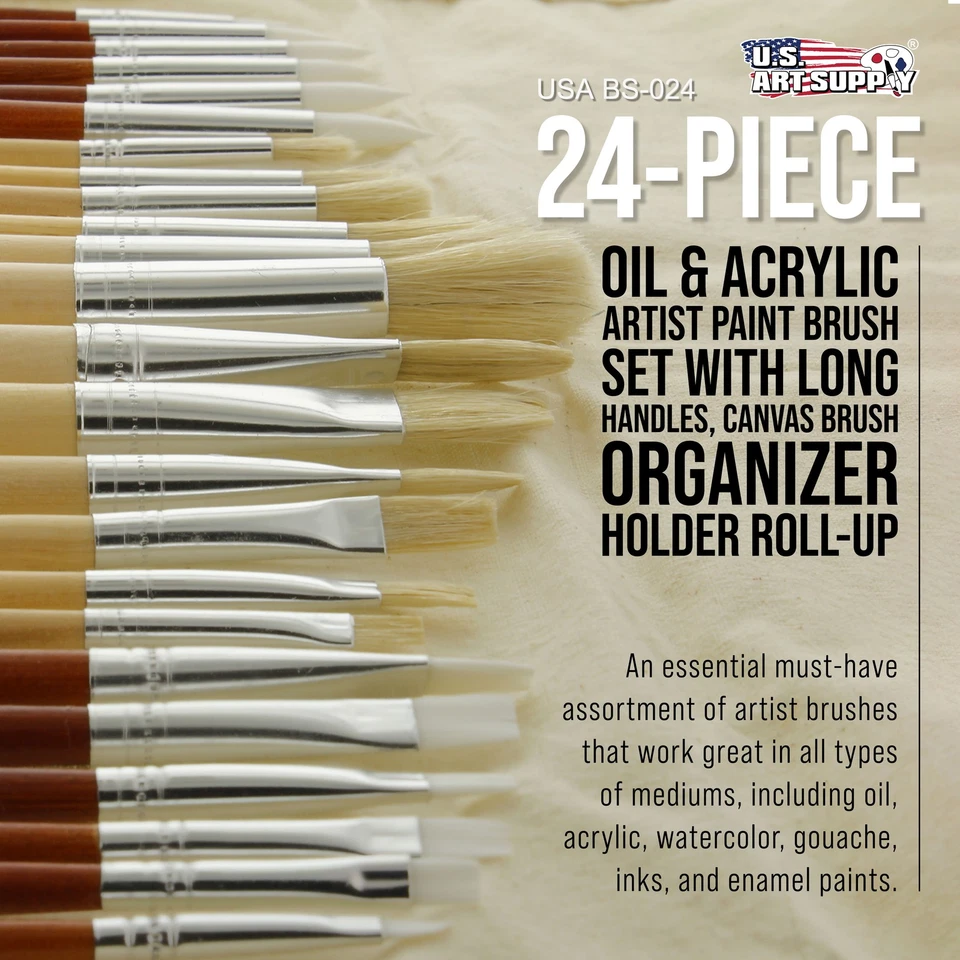 US Art Supply 24pc Oil & Acrylic Paint Long Handle Brush Set FREE Canvas Roll-Up - Image 2 of 4
