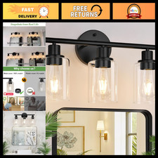 3-Light Black Modern Bathroom Vanity Light Fixture, Clear Glass Shade, Wall Lamp