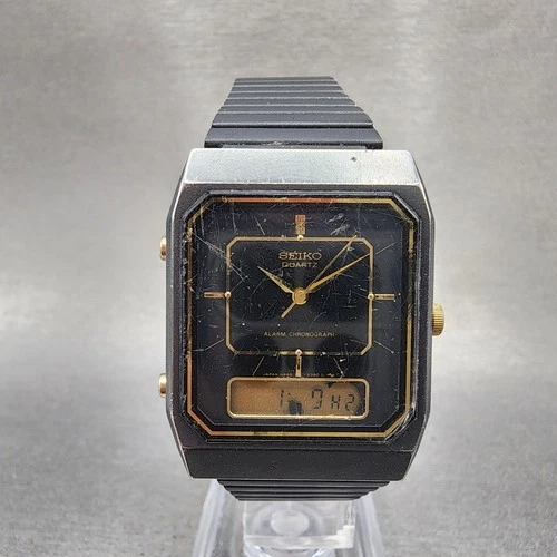 Seiko Watch Men 29mm Black Dial Black Tone Analog Digital READ!!!!! H449-5339