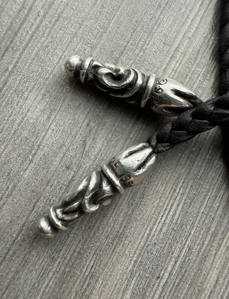 Chrome Hearts Cross Pendant Necklace Braided Leather Chain Silver