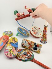 Vintage Tin Noise Maker Lot Clown Paddle Drum Roosters Tops Japan HK