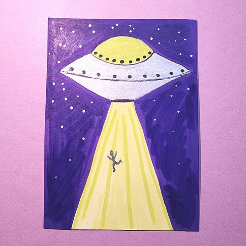 ACEO OOAK Original Painting Art Card Acrylic Space Ship Alien Outerspace Abduct
