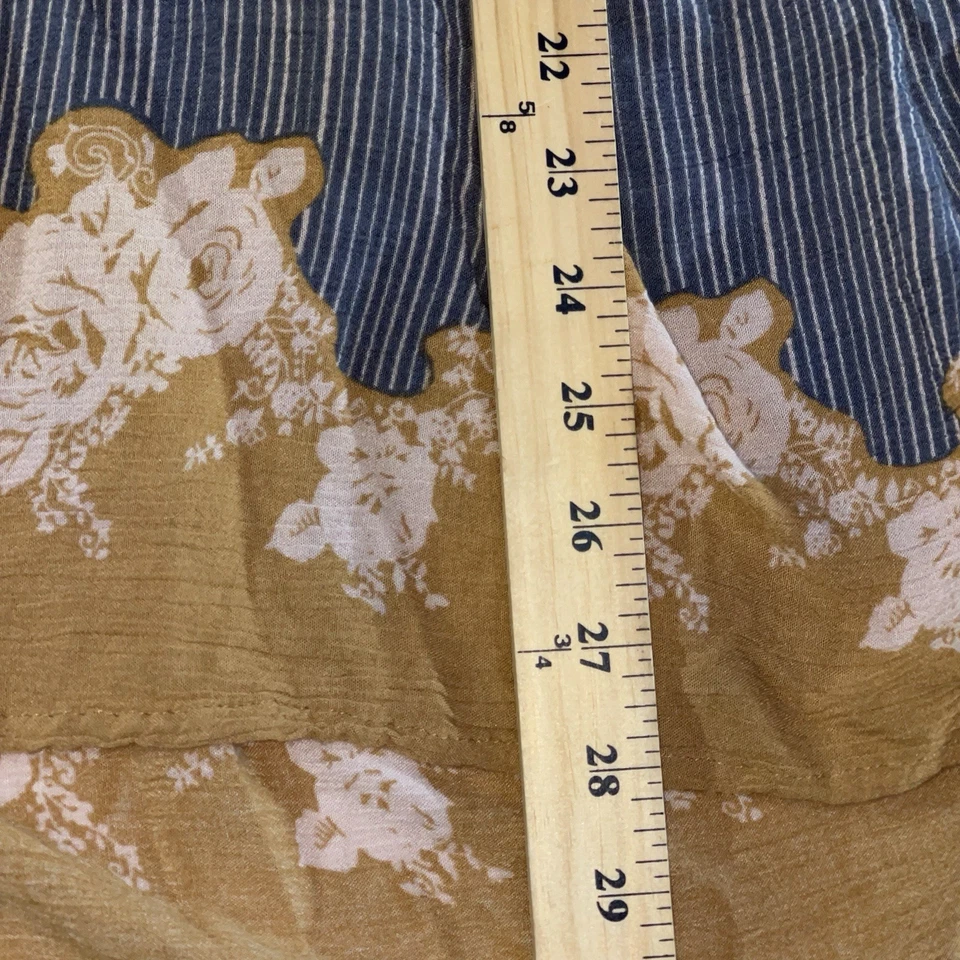 Top túnica Free People Boho floral a rayas de encaje M azul mostaza manga 3/4 campesino Foto 3 de 4