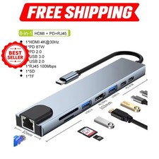 USB C Hub 8 in 1 Type C to 4K HDMI Adapter with RJ45 SD/TF Card Reader PD