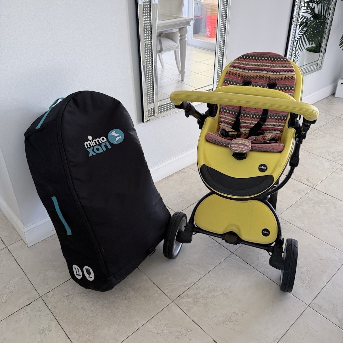 mima Xari Stroller Yellow Limited Bundle with Travel Bag, Mosquito Net, Umbrella