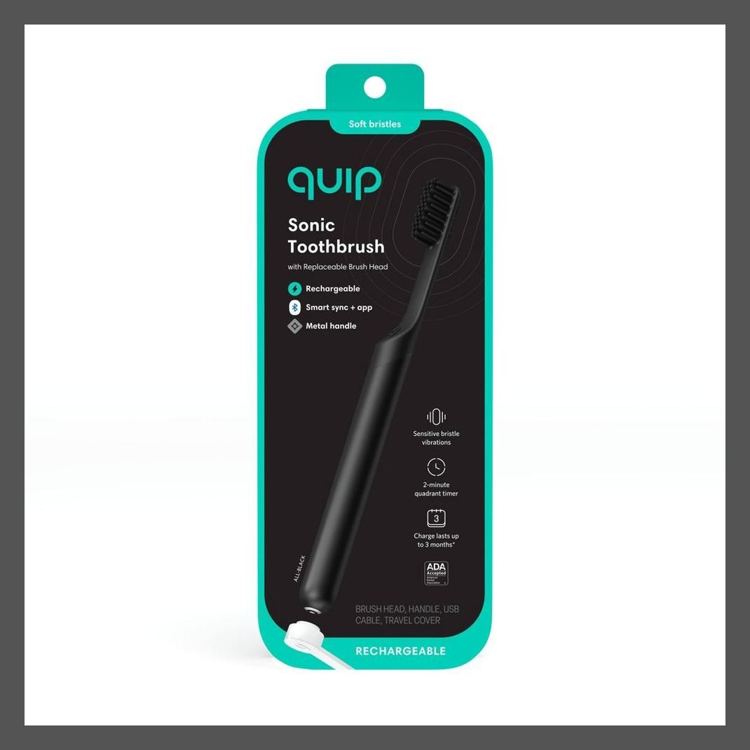 металлическая дорожная сумка для зубной щетки quip Smart с перезаряжаемой звуковой электрической зубной щеткой креплением черного цвета