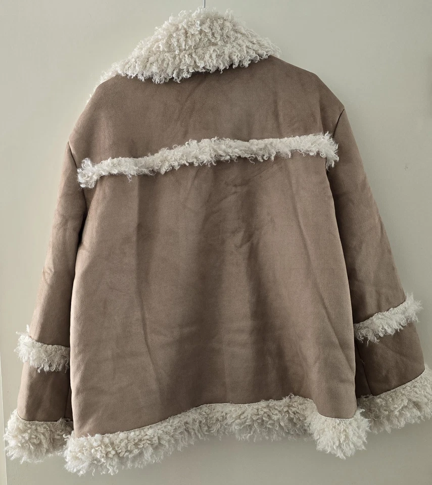 Topshop Petite Faux Leather Mid Length 70s Style Car Coat in tan-Brown UK 12-14 - Image 3 of 4