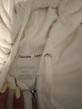 Calvin Klein Women  s White Full Zip Cotton Fleece Hoodie w/ Pockets, M