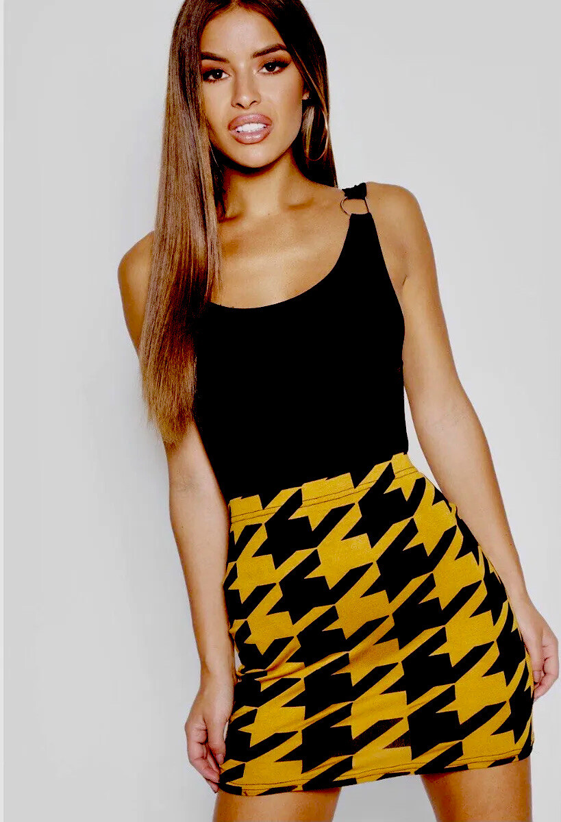 NWT FAB Petite Uk14 Mustard/Black Boohoo Dogtooth Houndstooth Bodycon Mini Skiry