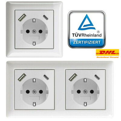 Steckdose mit USB-A &USB-C, 3.400 mA, passend für Gira 55, JUNG AS 500, Weiß,DE