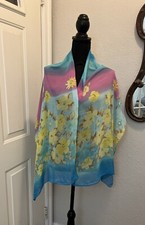 Vintage Chiffon Floral Scarf Shawl Wrap Pink Blue Yellow EUC