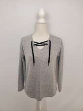 Sportelle Super Soft Lightweight Gray Sweater Velvet Lace Up Neck Women's PL.