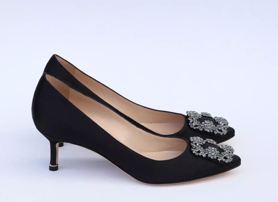 Manolo Blahnik Hangisi Crystal Jewel Kitten Heels Size 37-US in Black  Satin