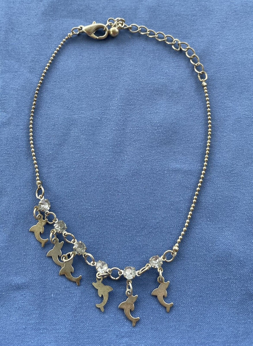 Vintage Silver Plated Dolphin Clear Stone Anklet 10 1/4''