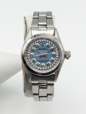 Estate $7000 Rolex Oyster 24mm Blue MOP Emerald Diamond Ladies Watch SERVICED