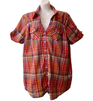 Vintage TORRID Shirt Womens 2 Plaid Y2K Metallic Threading Rushed Sleeves Grunge