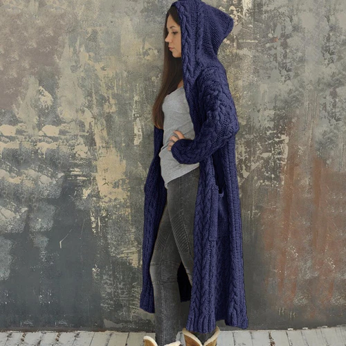 Abrigo cárdigan tejido con capucha manga larga suéteres cálidos chaqueta talla grande para damas - Imagen 11 de 29