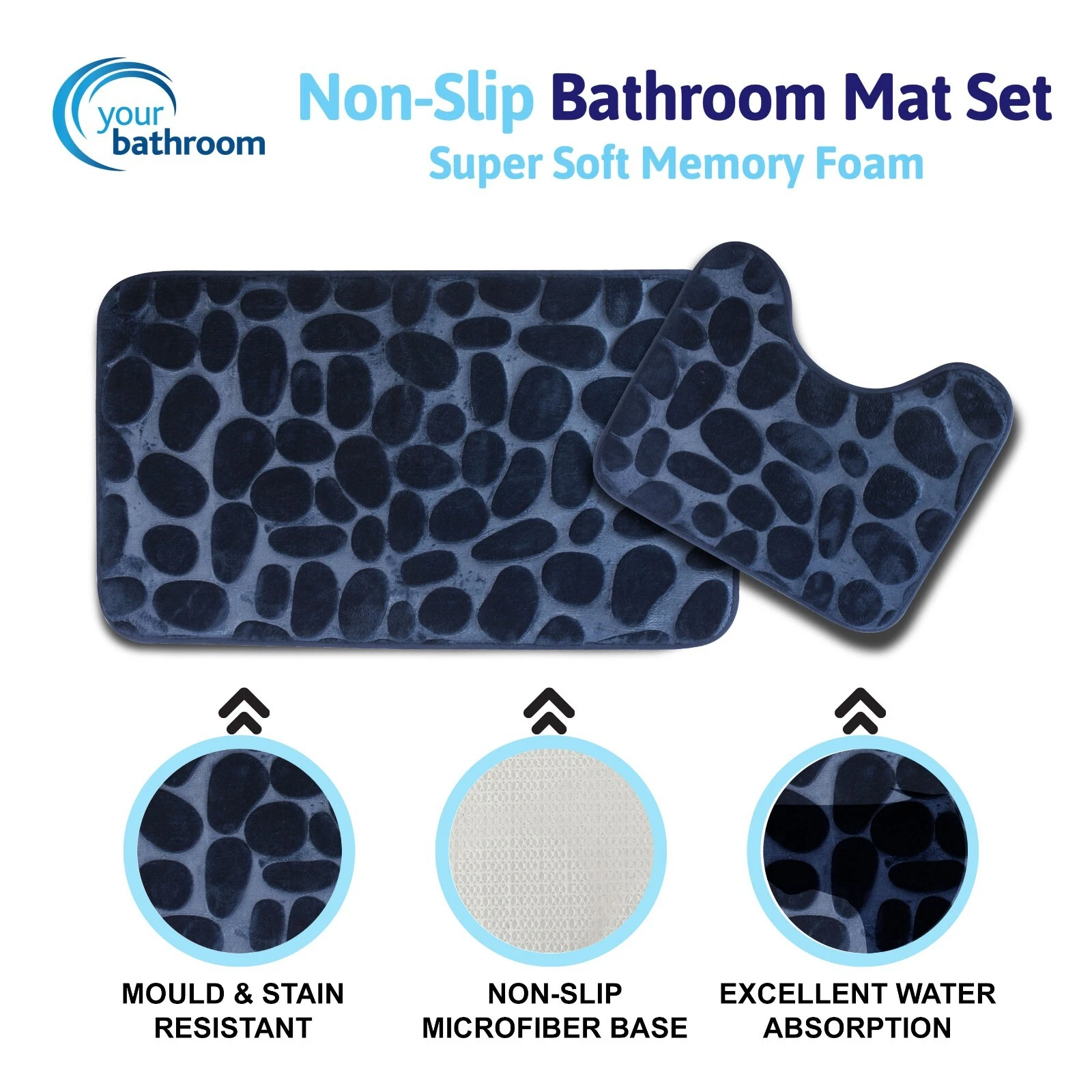 Pebbles Bath Mat Pedestal Mat Memory Foam Non Slip Bathroom Rug Set Navy