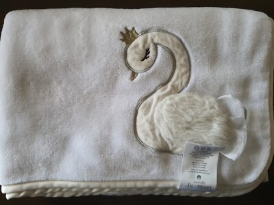 Lambs & Ivy Bedtime Originals Blossom White Swan Fleece Baby Blanket Silky trim 