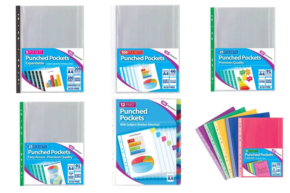 E&A DISTRIBUTION LIMITED A4 Clear Plastic Poly Punched Pockets Filing Folders Wallets Sleeves