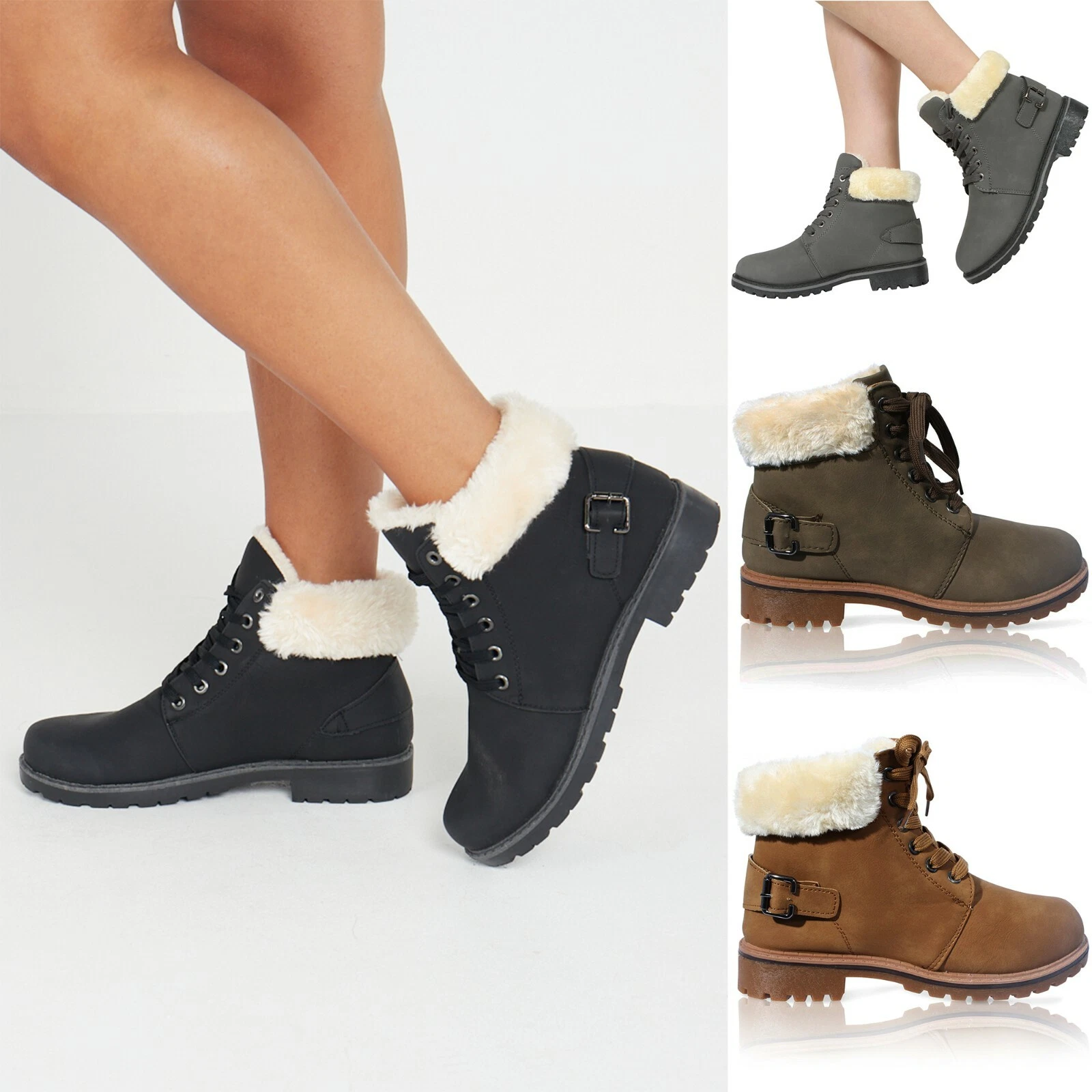 Womens Ankle Boots Faux Fur Ladies Army Combat Military Party Winter Warm Shoes