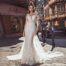 Mermaid Lace Wedding Dresses Long Sleeves Illusion Bride Gowns Lace Applique
