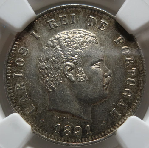 PORTUGAL Kingdom 200 reis 1891 NGC MS 62 UNC King Carlos Silver Wreath Toned #2