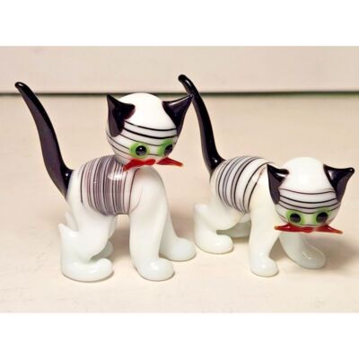 Pair Vintage Bimini Lauscha German Art Glass Cat & Kitten White w/Black Stripes