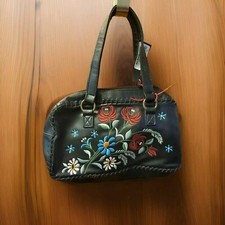 NWT--Vintage Floral Embroidered Black Faux Leather Bag Purse -- Small