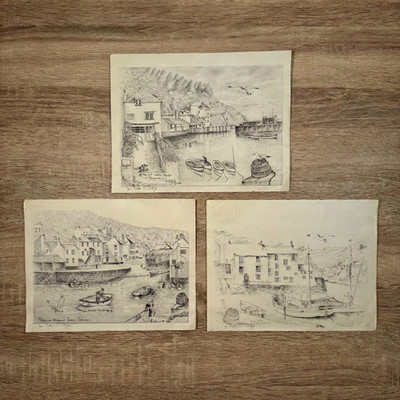 Vintage Ralph J Griffin signierte Bleistiftzeichnungen Polperro Harbour Cornwall 1968 x3