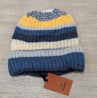 $265 Mens MISSONI Striped Mohair Blend Cuff Knit Beanie Hat Blue/Multi