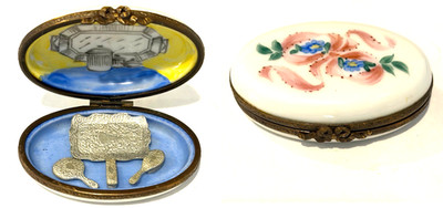 LIMOGES France PEINT MAIN Box-RIBBON / Floral-Silver Dresser Set TRINKETS-RARE!