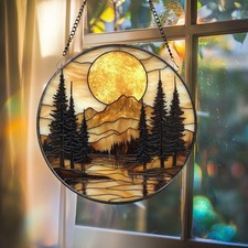 Mountain Sunset Stained Glass Suncatcher Forest Landscape Window Decor