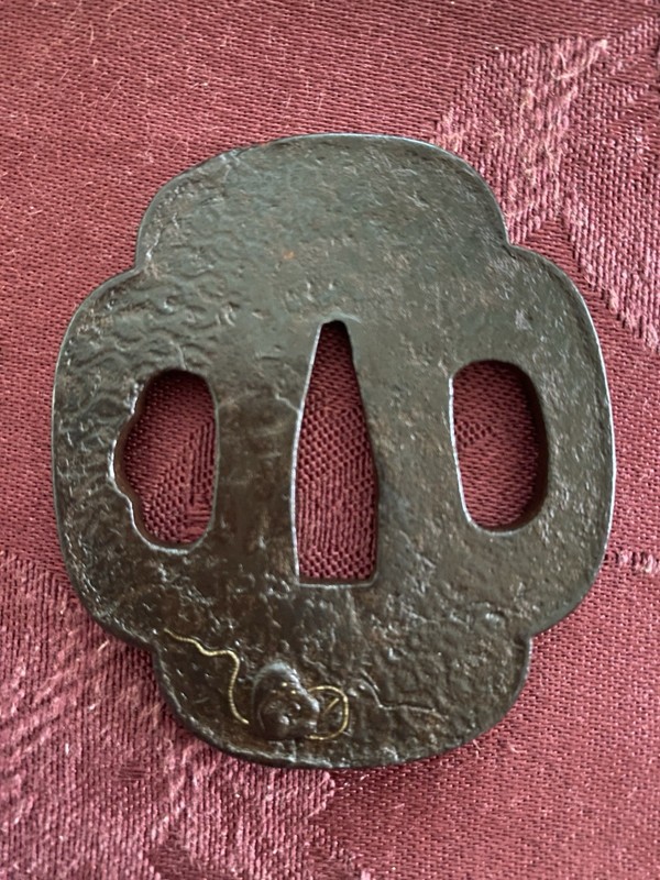 Authentic Antique Japanese Iron Gold Inlay Tsuba 6.3 x 5.5 cm Katana Wakizashi