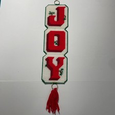 Joy 17.5" Wall Hanging Needlepoint Christmas Decor Handmade Vtg Yarn Cottagecore