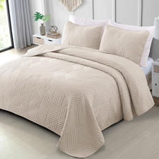 Ultrasonic King Quilt Bedding Set, Lightweight Brich Beige Bedspreads Soft Moder