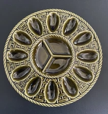 Vintage Green Pottery Relish Deviled Egg Plate Platter Basket Weave P3289