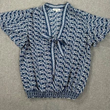 Max Studio V-Neck Bow Flutter Sleeve Blouse Women's Large Blue Smocked Waist