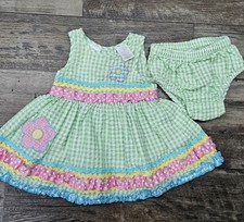 Vintage 3-6 Month Green Gingham Dress  Bloomers Specialty Baby Flower Applique